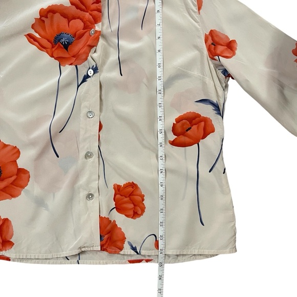 Woman's‎ SD Collection Silk Lt. Taupe and Orange Poppy Button-Down Shirt Blouse - Picture 4 of 6